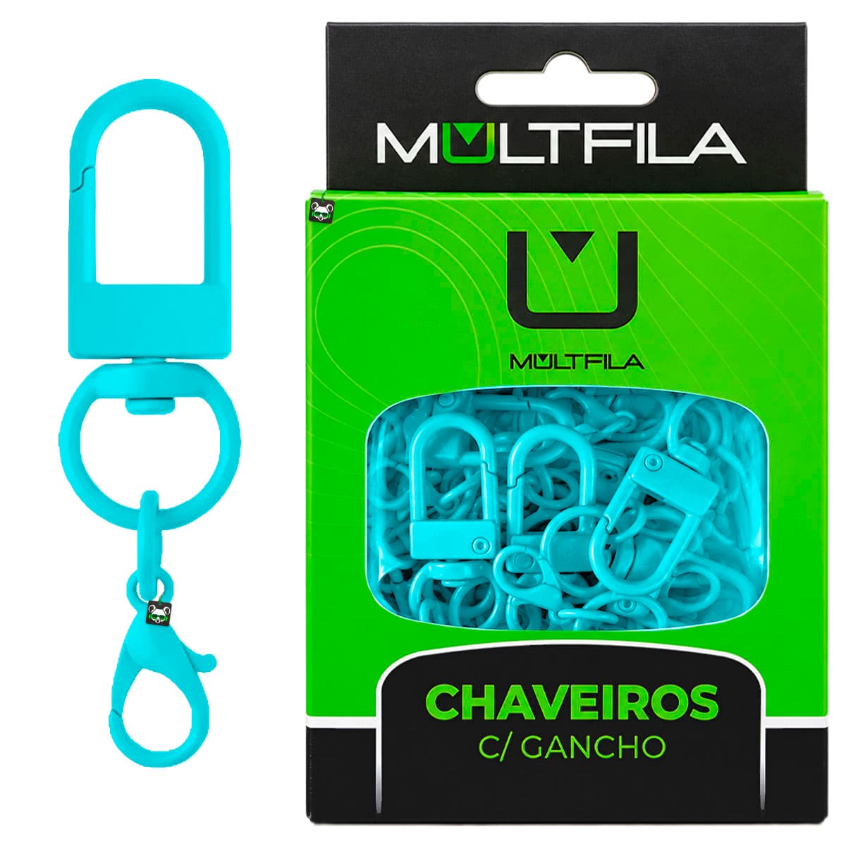Kit 50 Chaveiros Gancho Duplo Azul Ciano